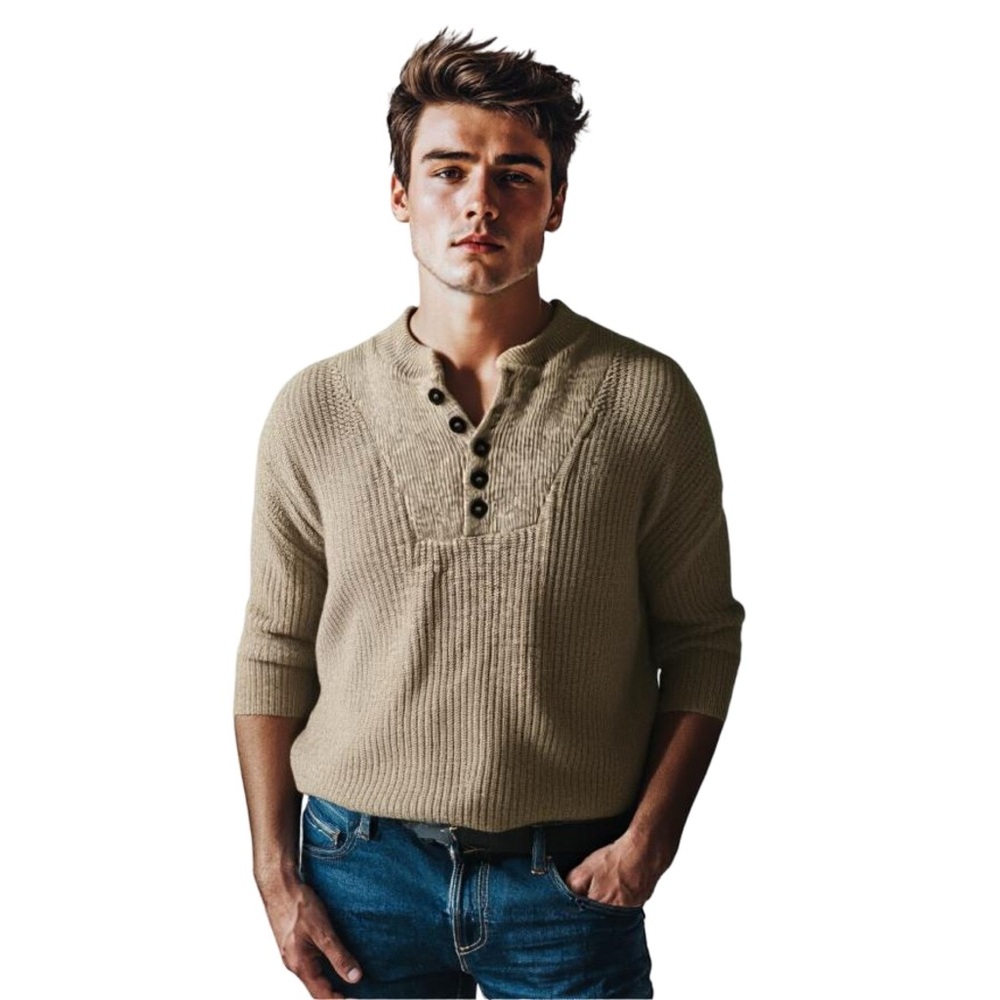 Men's Button Henley Knit Sweater in Beige